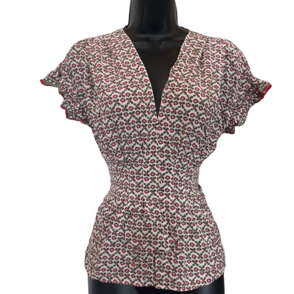 Women's Floral Short Sleeve V-Neck Blouse Size S